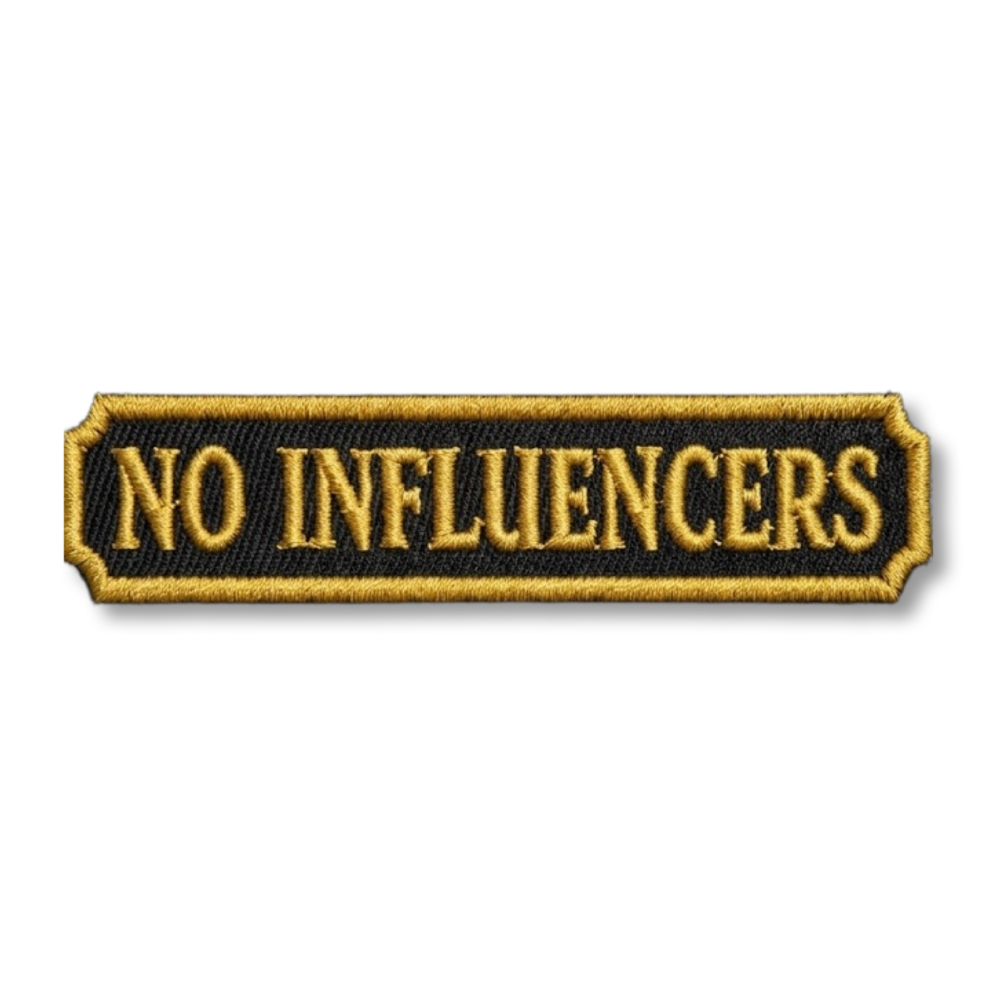 No influencers in gold embroidery on black background iron on patch 