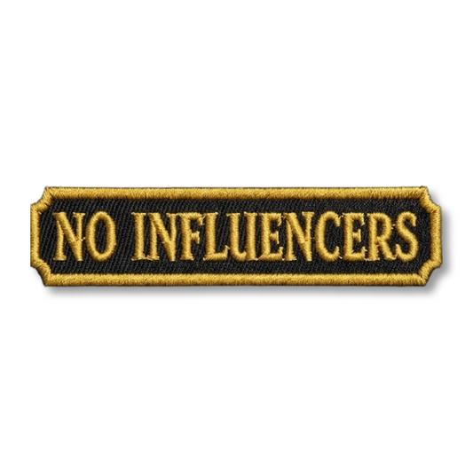 No influencers in gold embroidery on black background iron on patch 