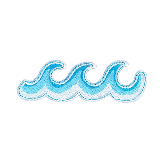Embroidered patch of three wavy lines in blue on a white background