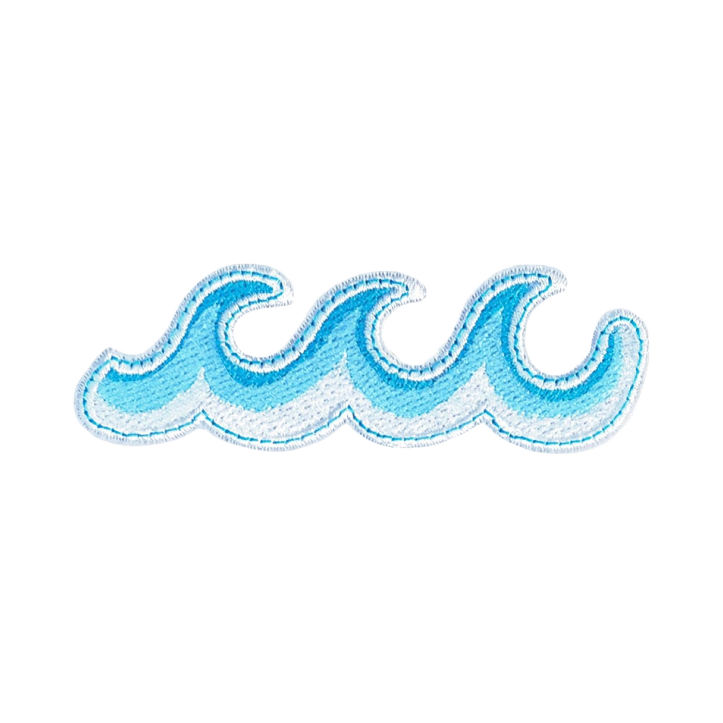 Embroidered patch of three wavy lines in blue on a white background