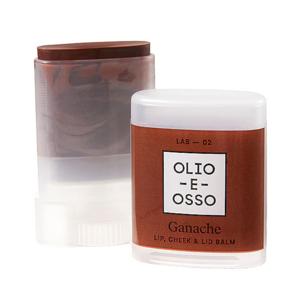 Champagne Hippie Olio E Osso lip balm shown in a clear jar with a white lid and a brown label, alongside a translucent stick container with a brown cap, on a white background.