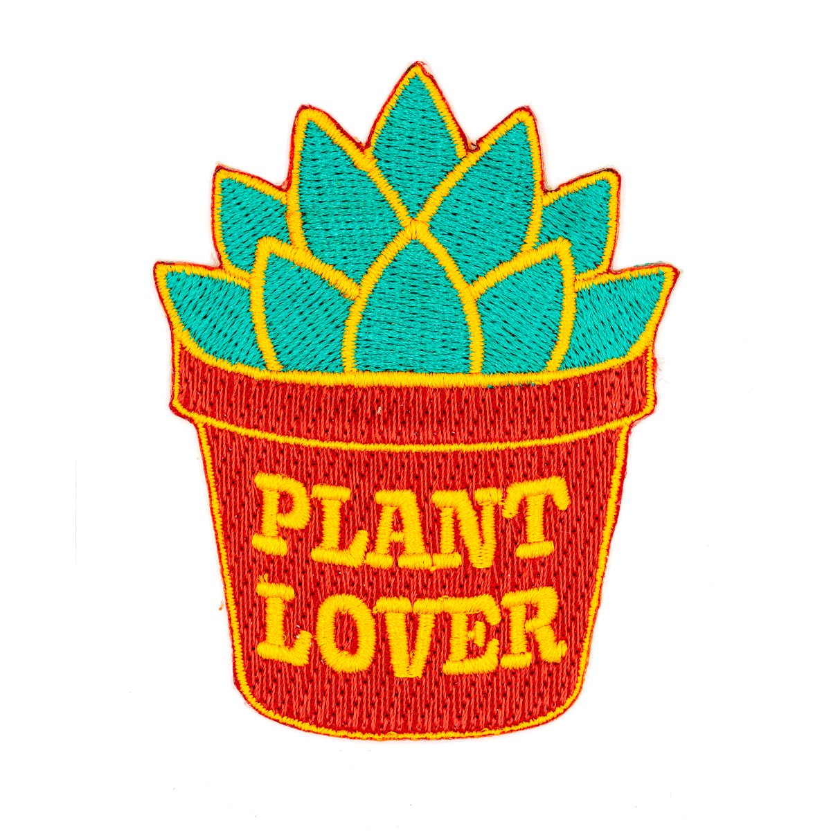 Embroidered patch of a potted plant with 'PLANT LOVER' text on a white background