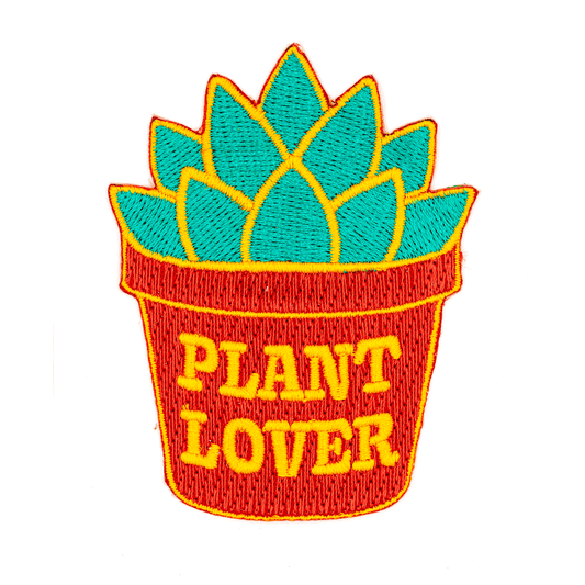 Embroidered patch of a potted plant with 'PLANT LOVER' text on a white background