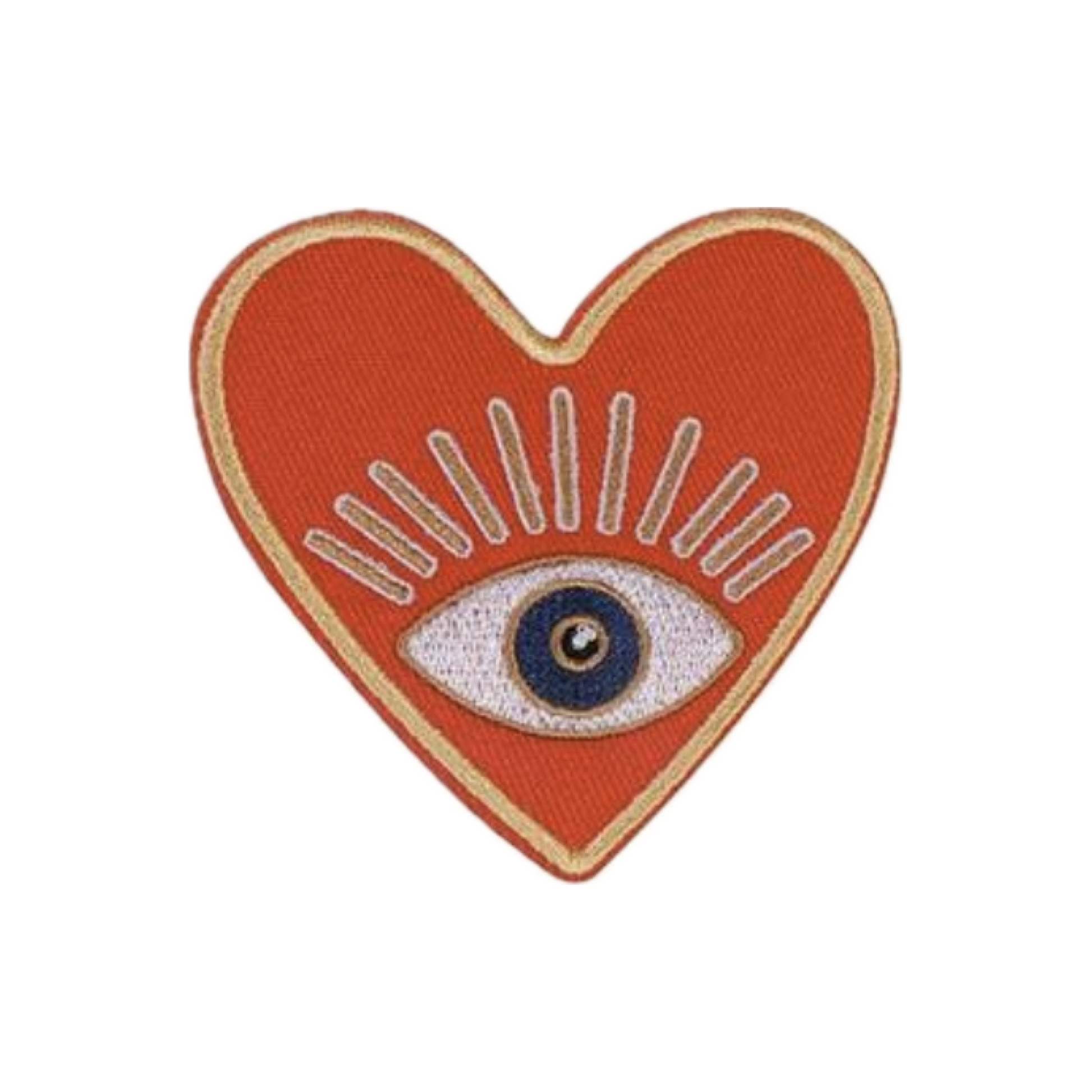 Evil Eye Heart Patch — bold red embroidered heart with evil eye center, gold border, and radiating lash detail, 2.99 x 3.07”
