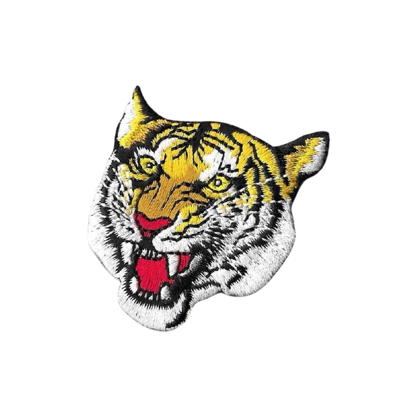 Embroidered patch of a tiger's face on a white background