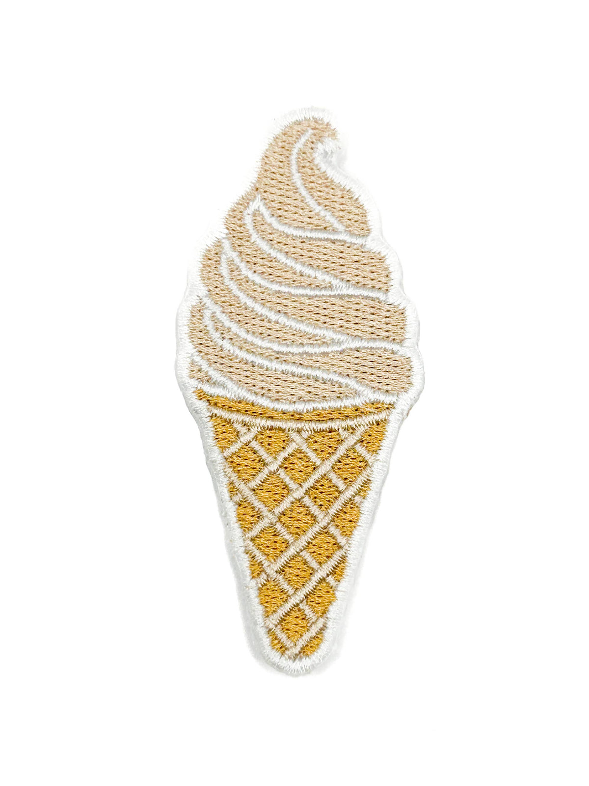 An embroidered ice cream cone patch featuring a golden-yellow waffle cone and swirl of light tan and white frosting, isolated on a white background.