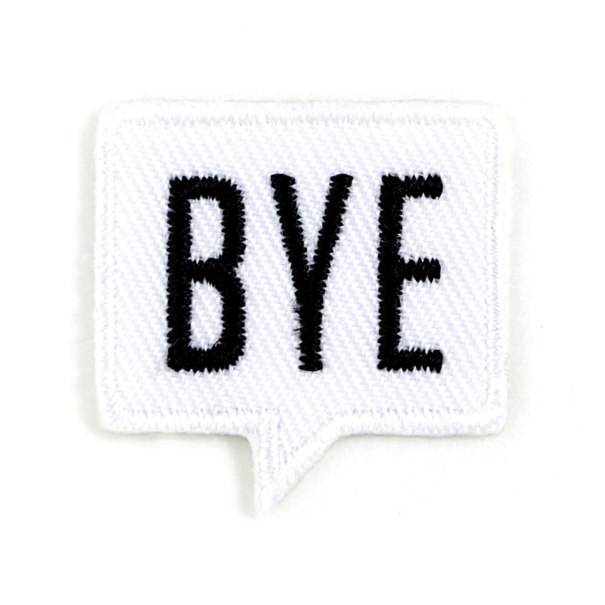 Embroidered patch with 'BYE' text on a white background