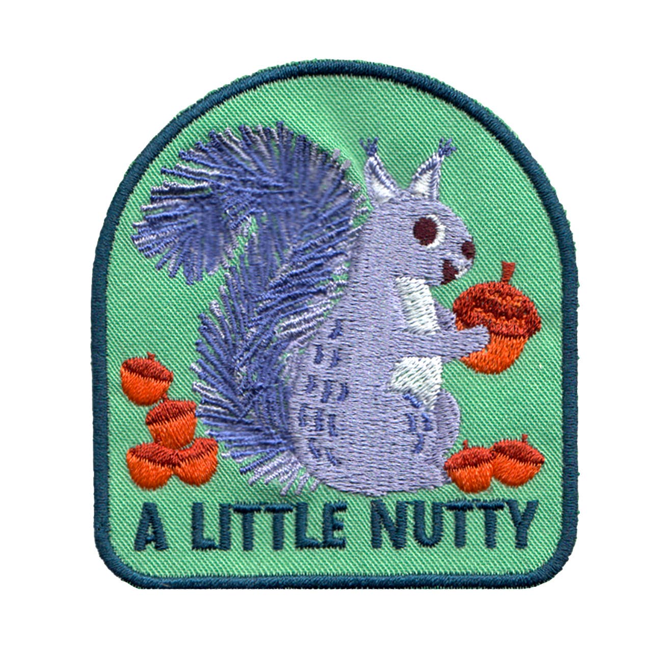 Embroidered patch with a squirrel holding an acorn and the text 'A Little Nutty' on a green background.
