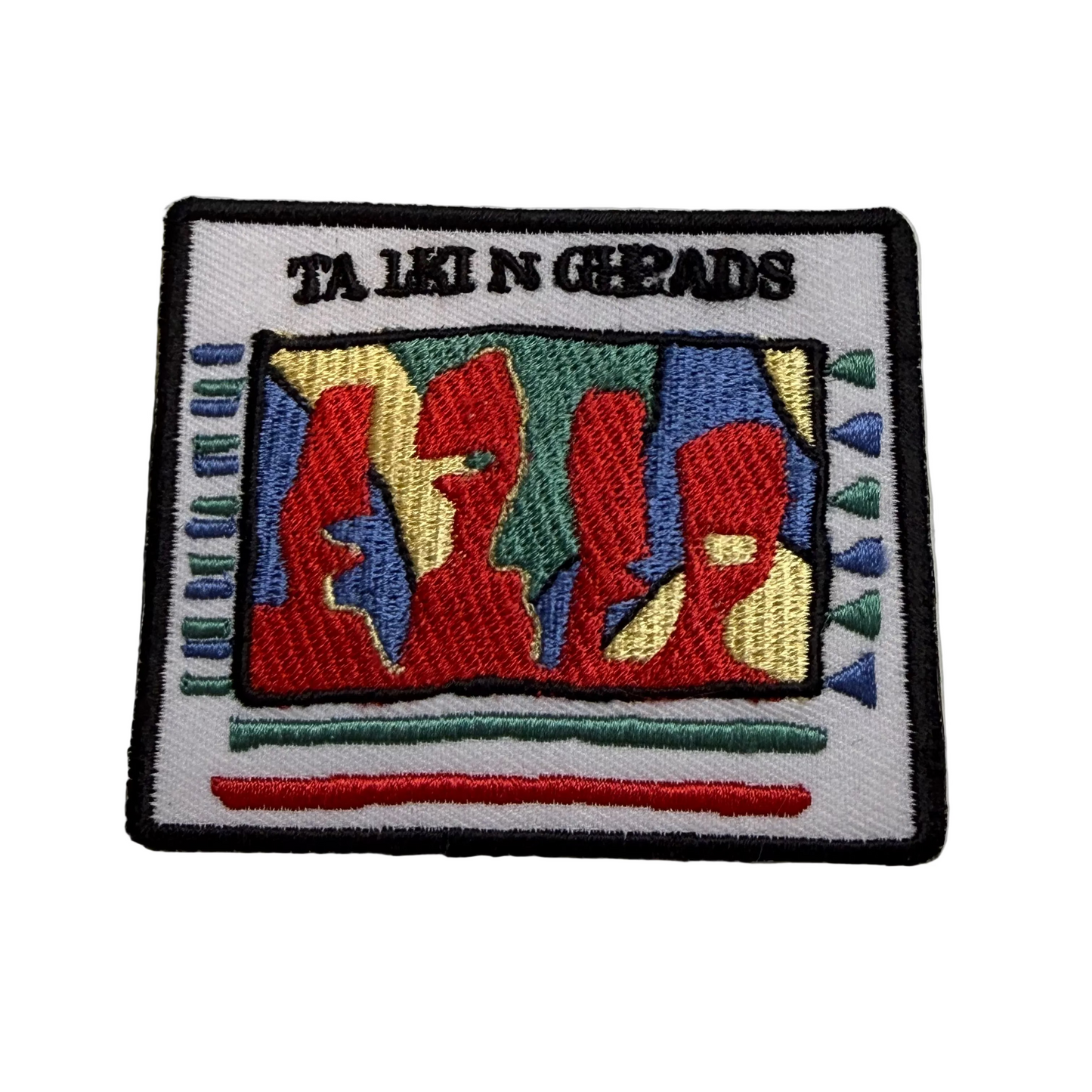 Colorful patch with abstract design and text on a white background