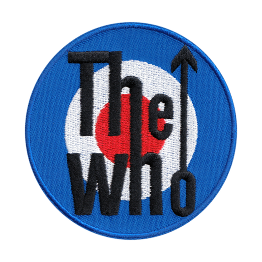 Patch with 'The Who' logo featuring a blue circle, red and white center, and black text.