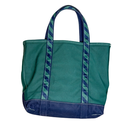Green tote bag with blue accents on a white background