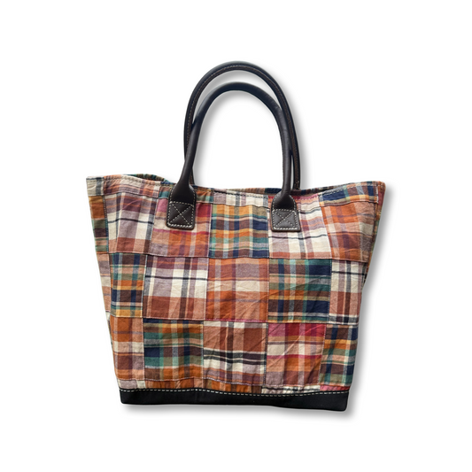 Madras Plaid tote bag with brown handles on a white background