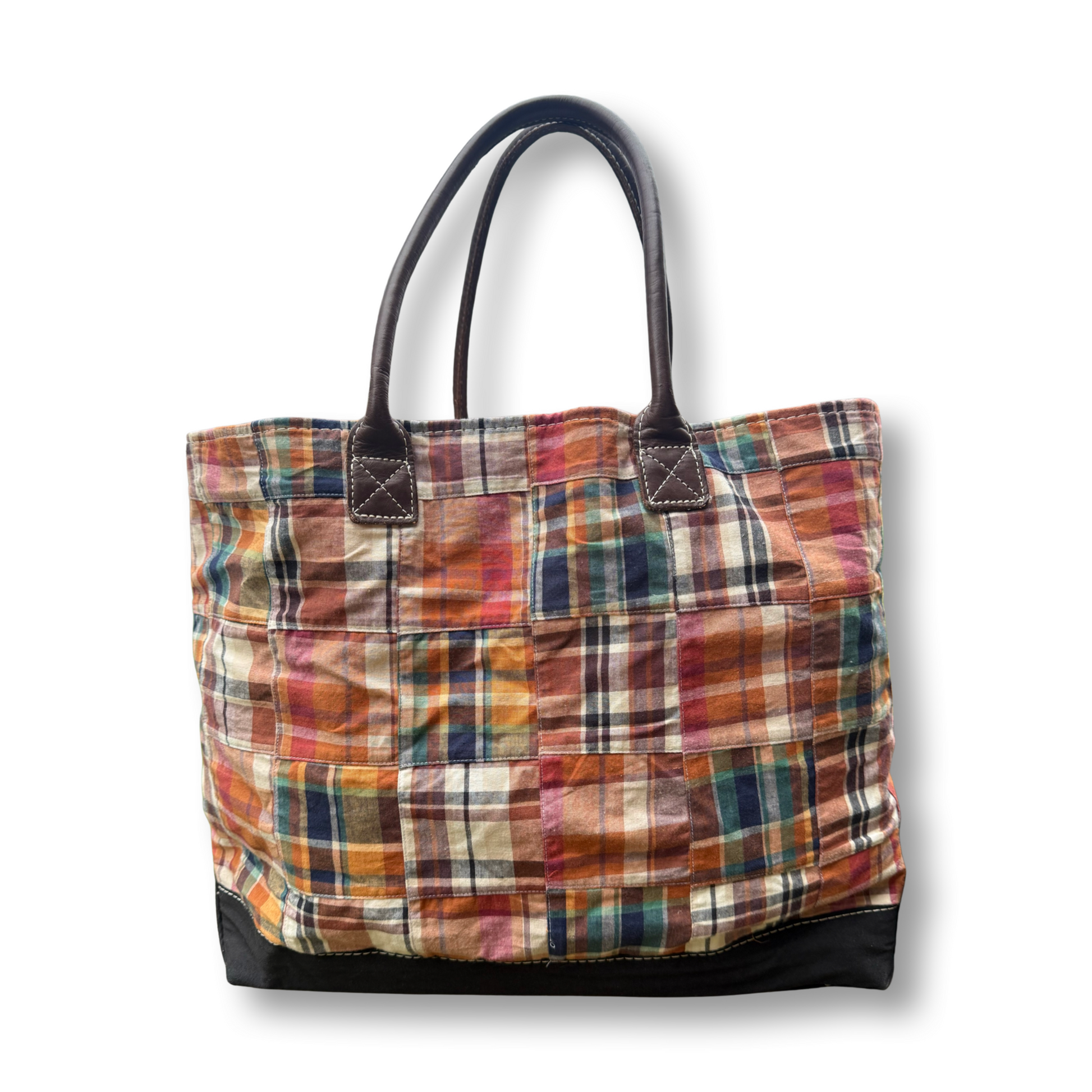 Madras Plaid patterned tote bag with brown handles on a white background