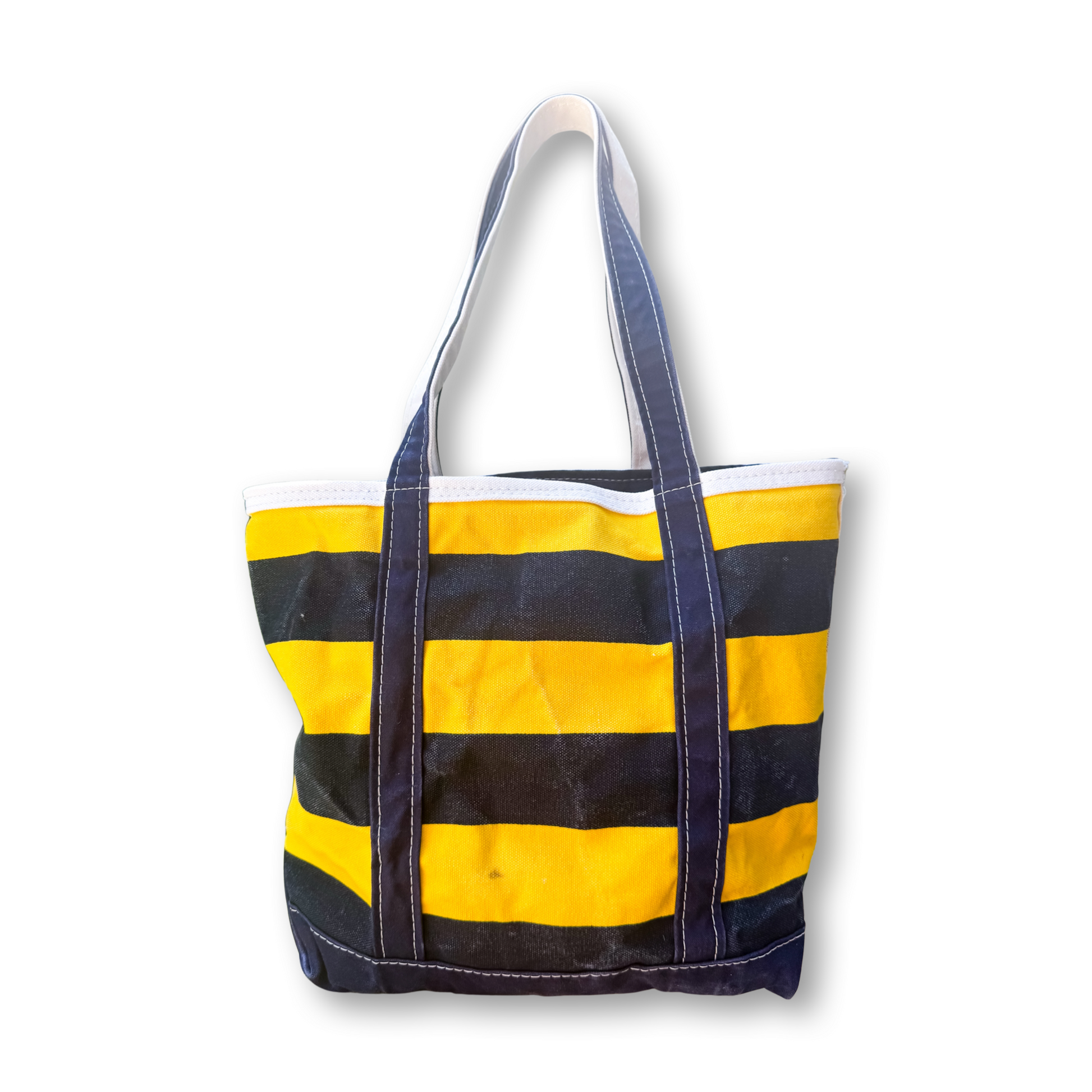 Tote bag with yellow and navy stripes on a white background