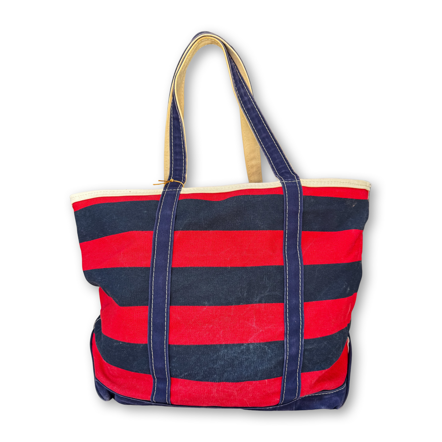 Red and navy stripe tote on white background 