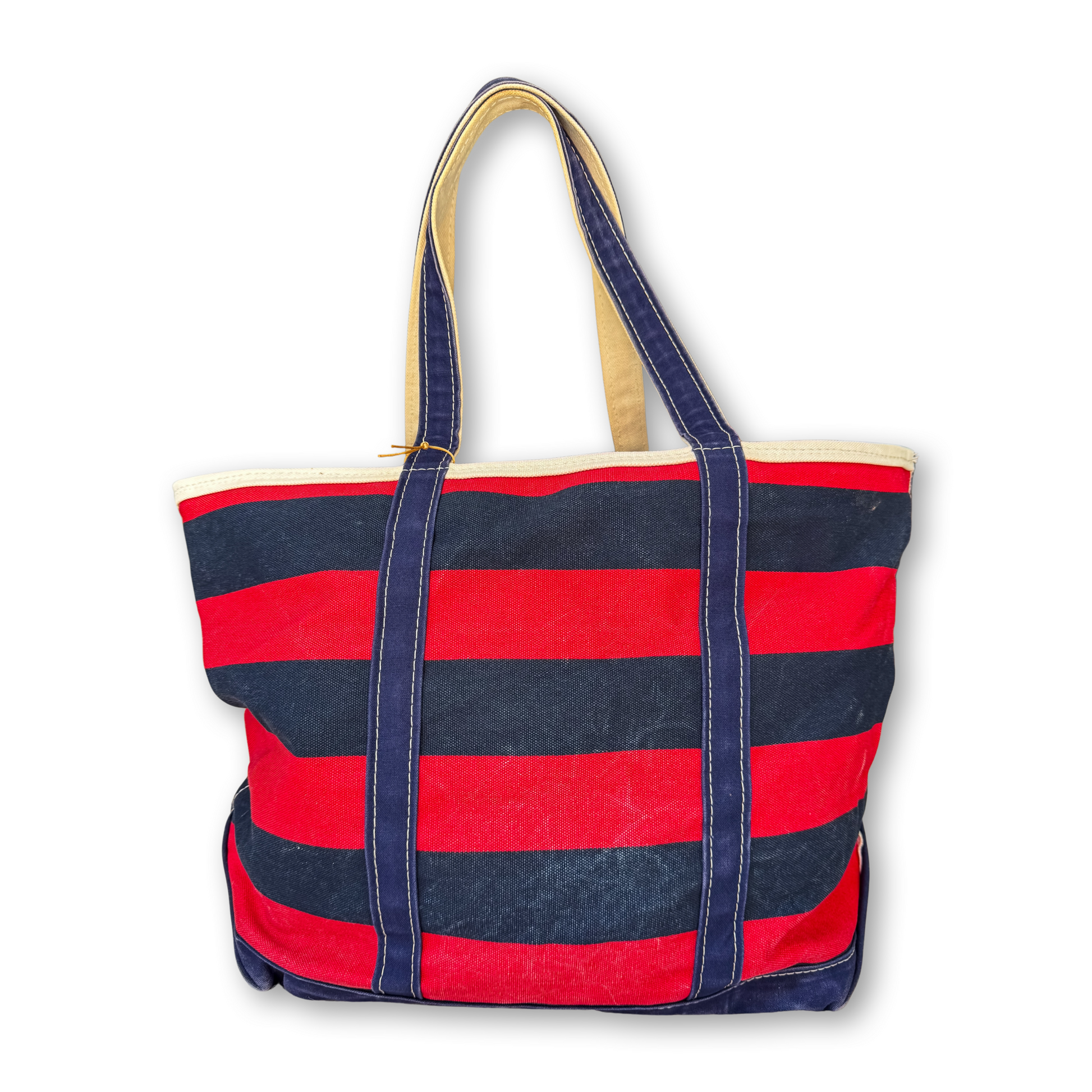 Red and navy stripe tote on white background 
