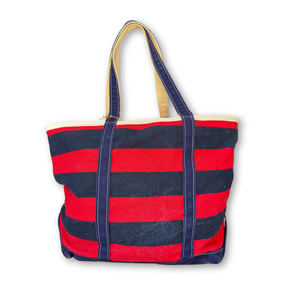 Red and navy stripe tote on white background 