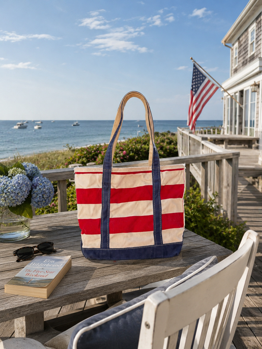 Red and white stripe tote bag with navy handles on a deck overlooking the ocean on Nantucket 