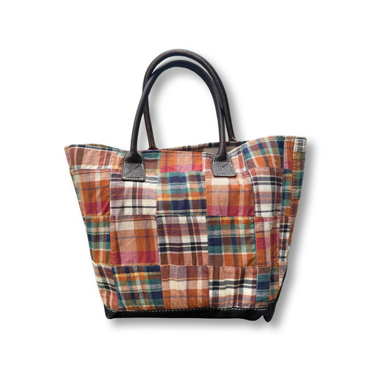 Madras Plaid patterned tote bag with brown handles on a white background