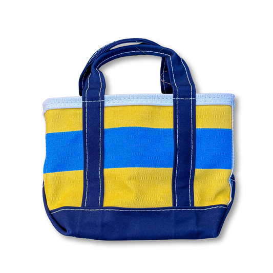 Blue and yellow striped tote bag on a white background
