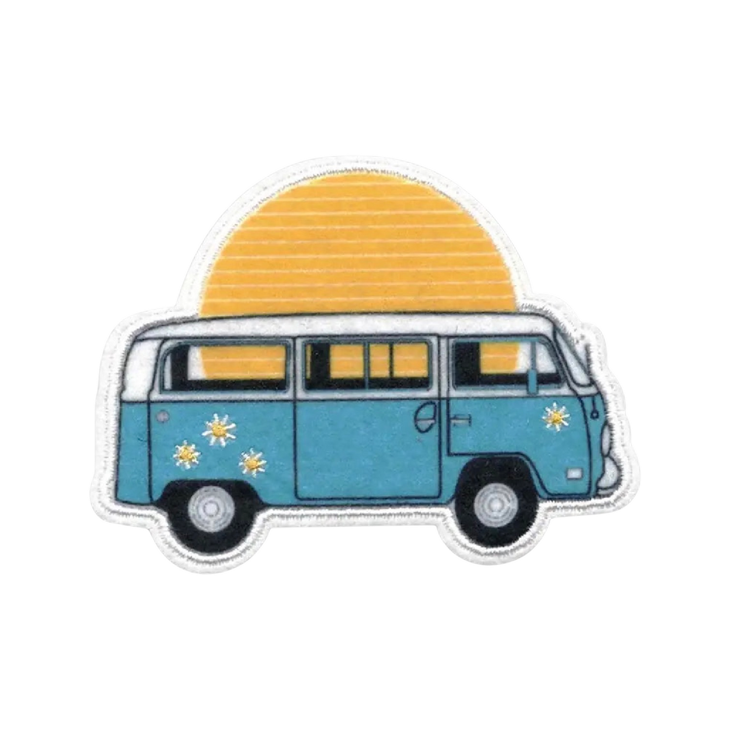 Sticker of a blue van with yellow sun on a white background