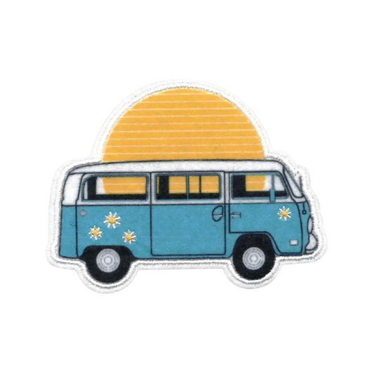 Sticker of a blue van with yellow sun on a white background
