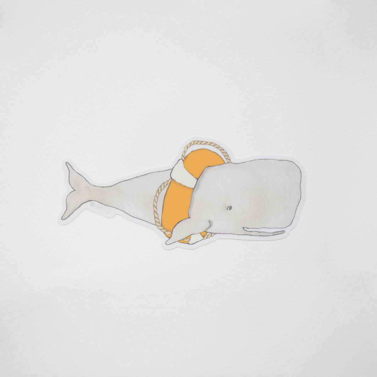 Illustration of a whale with an orange life preserver on a light gray background