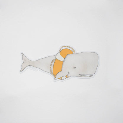Illustration of a whale with an orange life preserver on a light gray background