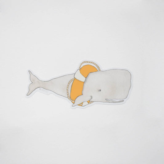 Illustration of a whale with an orange life preserver on a light gray background