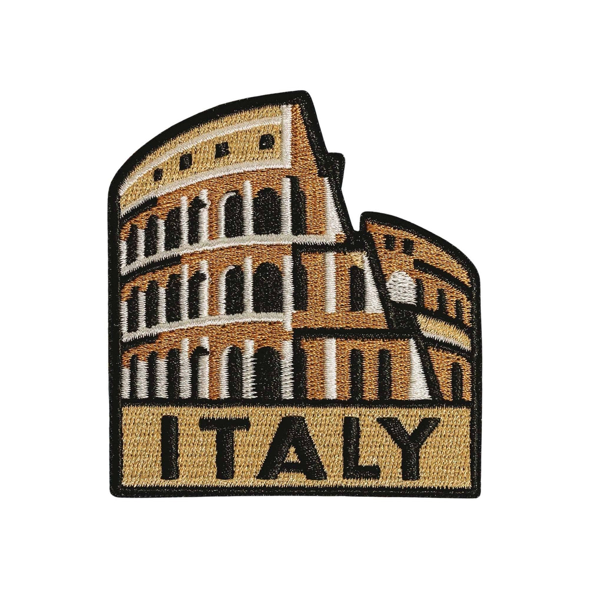 An embroidered patch featuring the Colosseum in Rome with the word 'ITALY' stitched across the bottom, shown on a plain white background.