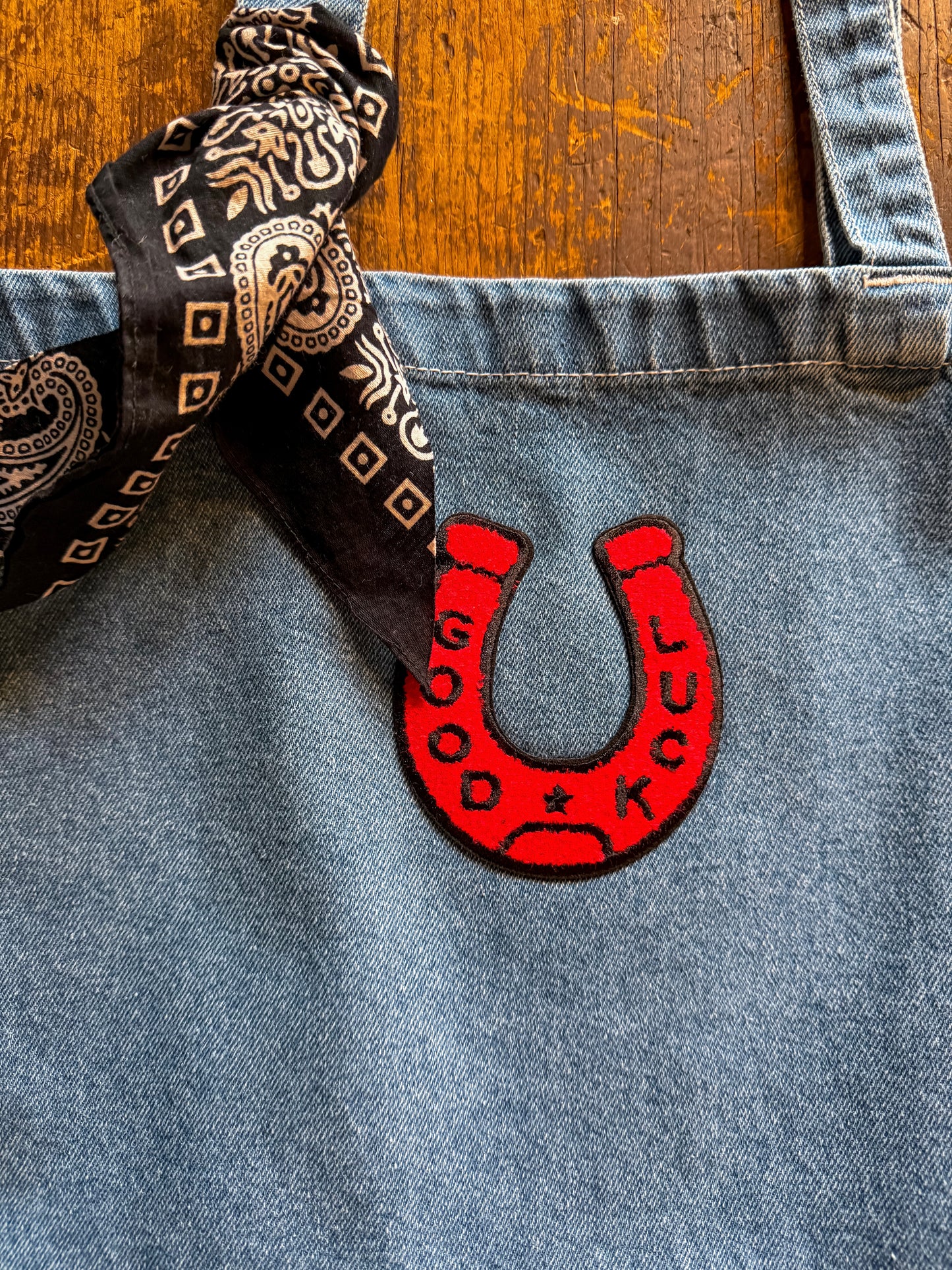Red Horseshoe Denim Tote Bag