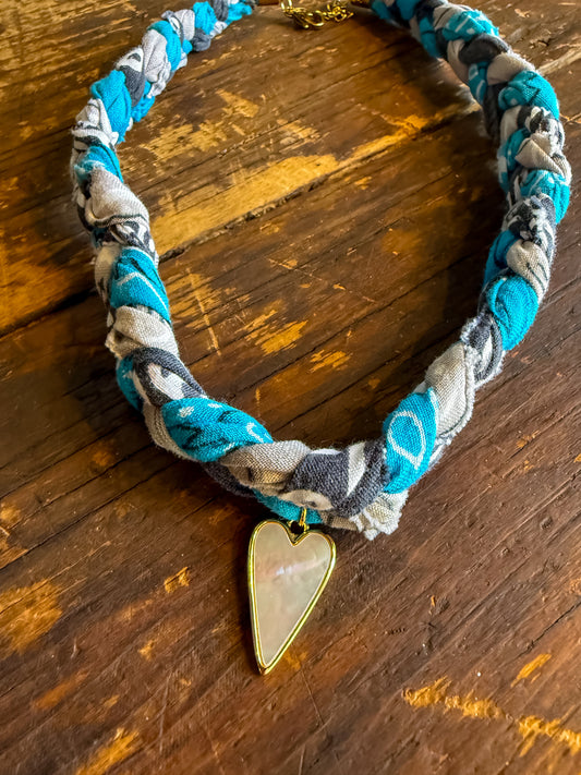 Braided Bandana Charm Necklace with Opal Heart