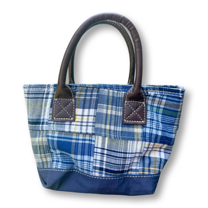 Vintage Y2K LL Bean Leather Handle Blue Madras Mini Tote