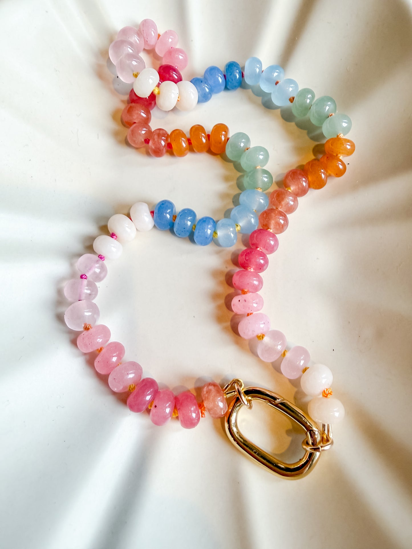 Rainbow Agate Hand Knotted Necklace with Charm Holder Clasp