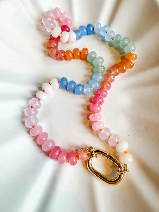 Rainbow Agate Hand Knotted Necklace with Charm Holder Clasp