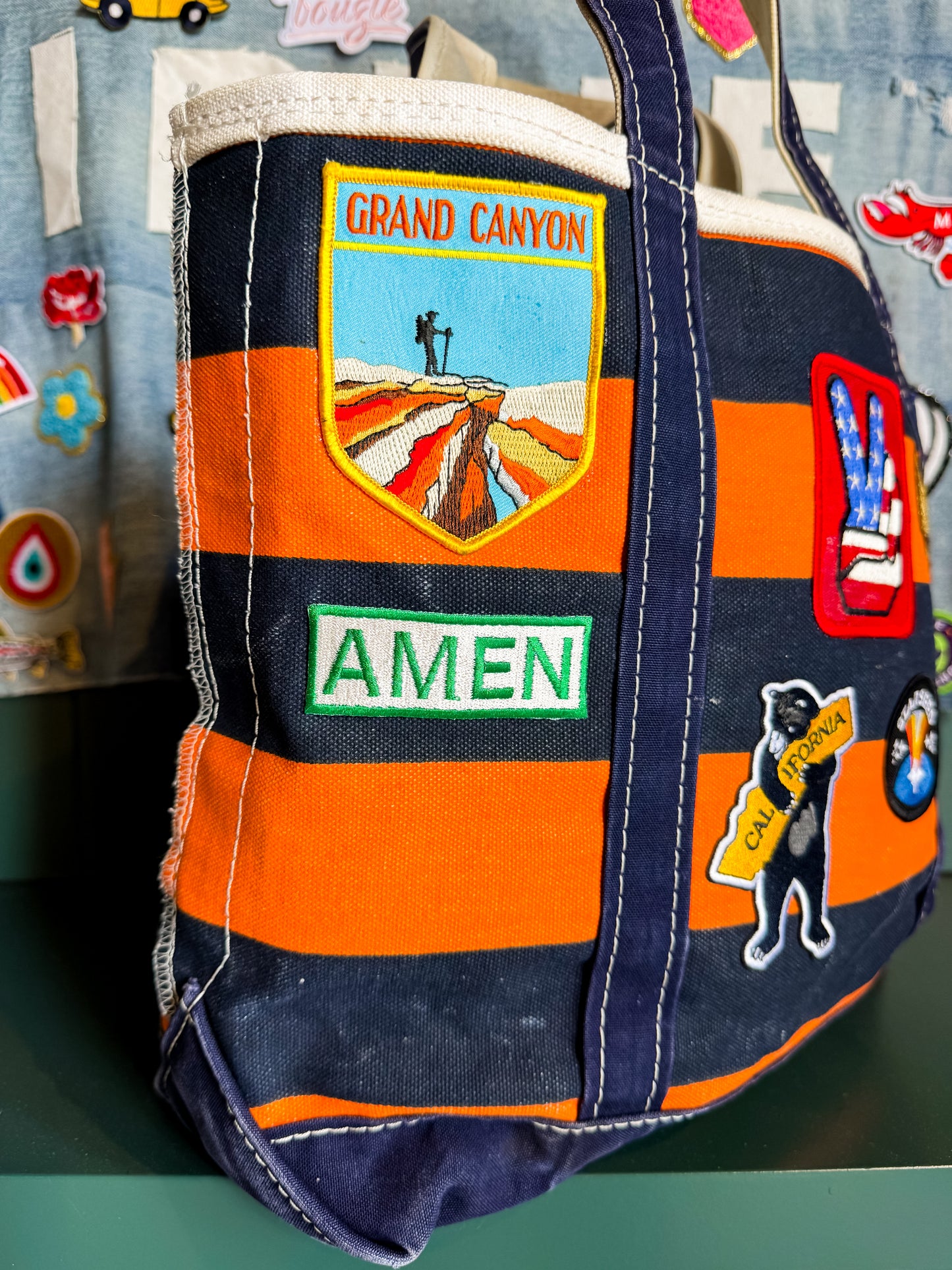 The Wrangler Vintage LL Bean Boat & Tote Medium Orange and Navy Rugby Stripes