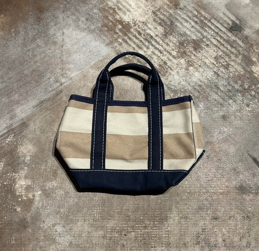 Vintage 90's Mini L.L. Bean Boat and Tote- Khaki & Cream with Navy Handles