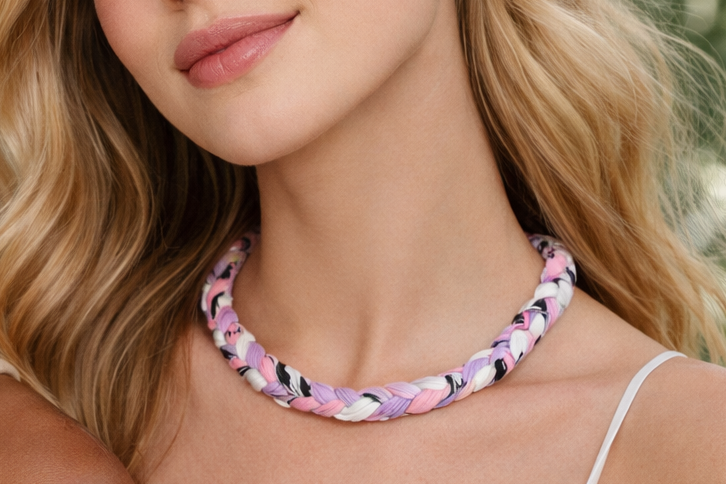 Close-up of a person wearing a colorful braided necklace with a blurred background