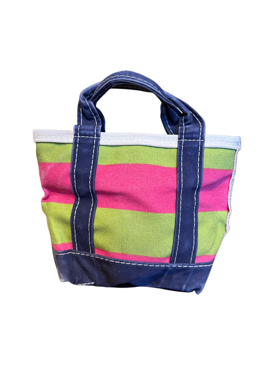 Vintage 90's Mini L.L. Bean Boat and Tote- Pink & Lime Stripe with Navy Handles and Zip Top