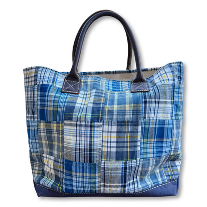 Vintage Y2K LL Bean Blue Madras Tote- Medium with leather handles