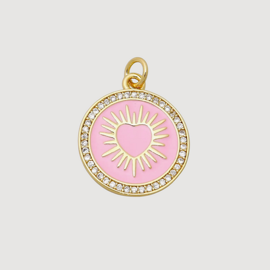 Sacred Heart Sun Medallion Charm- 24k Gold Filled Pendant with Micro Pave CZ and Pink Enamel