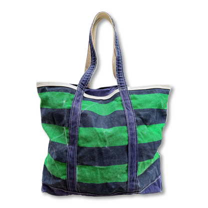 Vintage 1990s LL Bean Boat & Tote Large Green and Navy Rugby Stripe with Zip Top