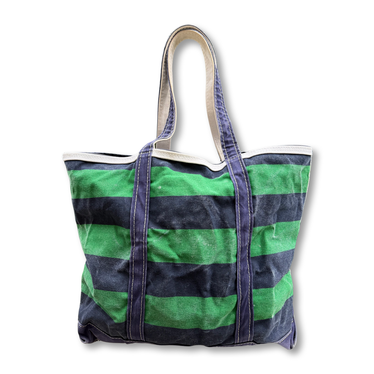 Vintage 1990s LL Bean Boat & Tote Large Green and Navy Rugby Stripe with Zip Top