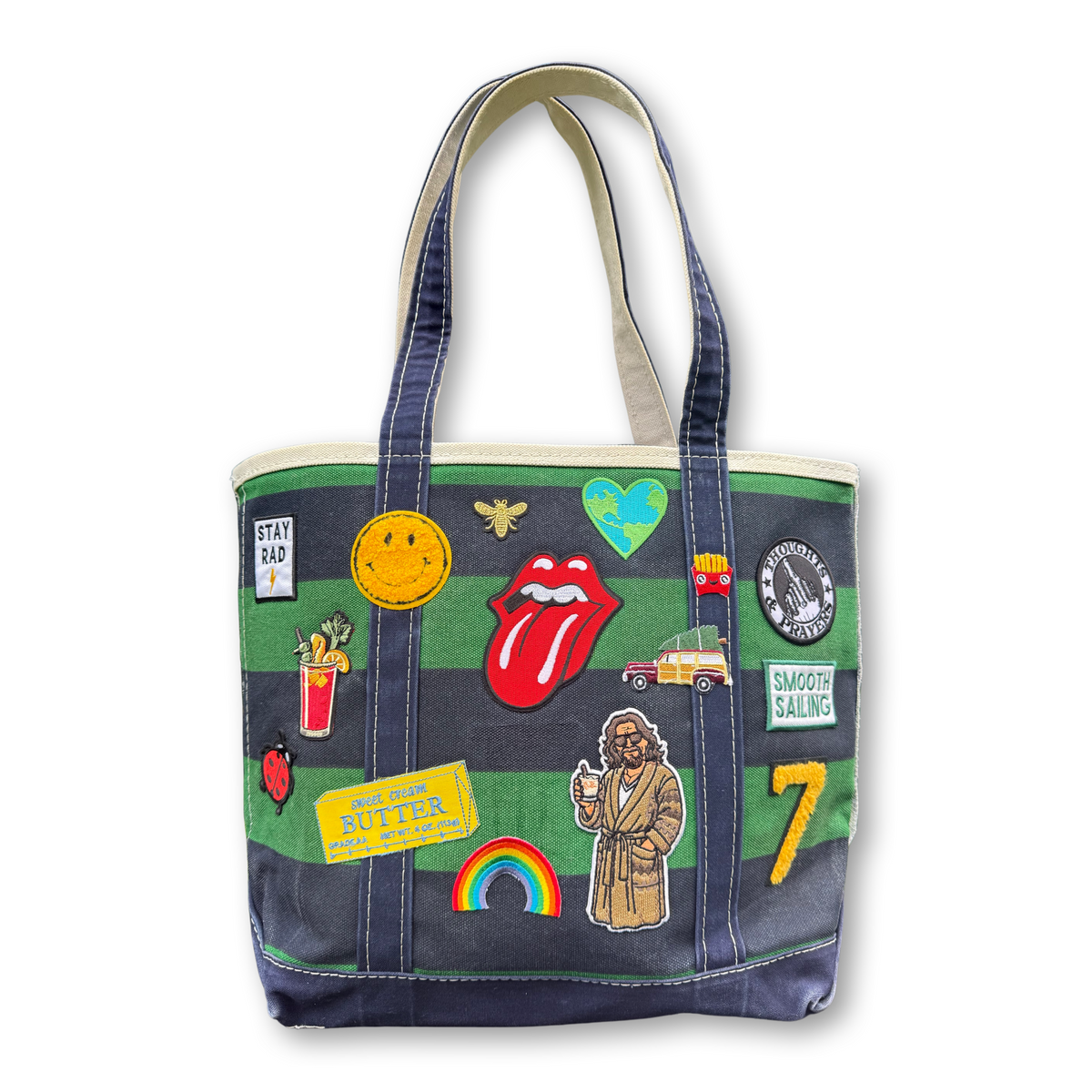 Eclectic Americana Vintage 1990s LL Bean Boat & Tote- Medium Navy and Green Rugby Stripe