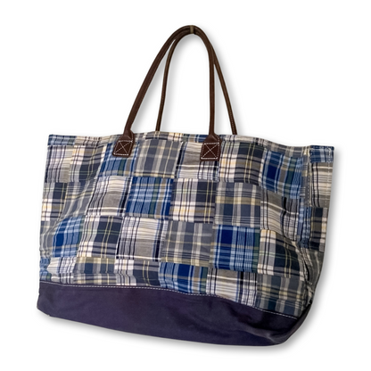 RARE Vintage Y2K LL Bean Large Leather Handle Blue Madras Tote Bag