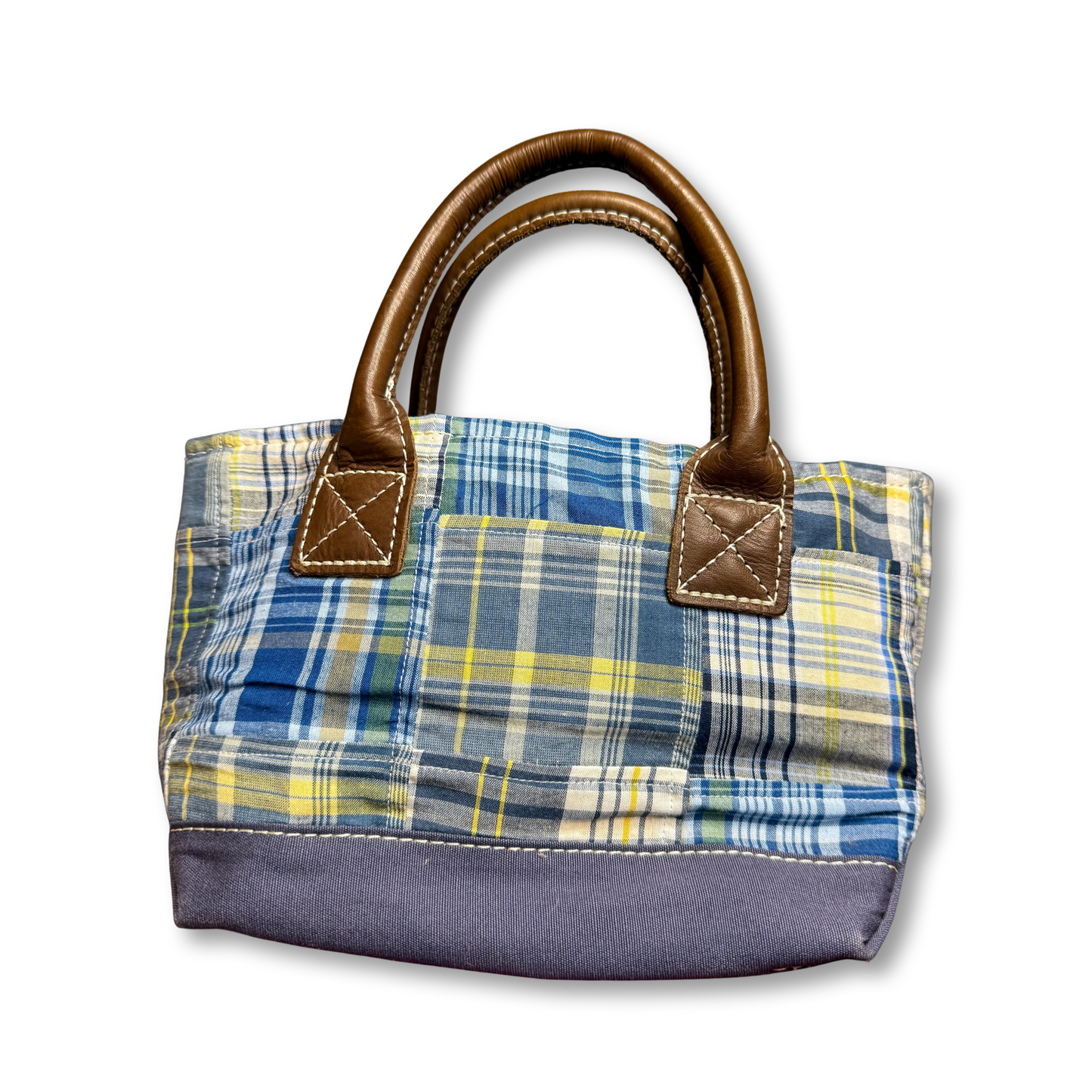 Vintage LL Bean Patchwork Madras Tote | Mini | Blues | Leather Handles