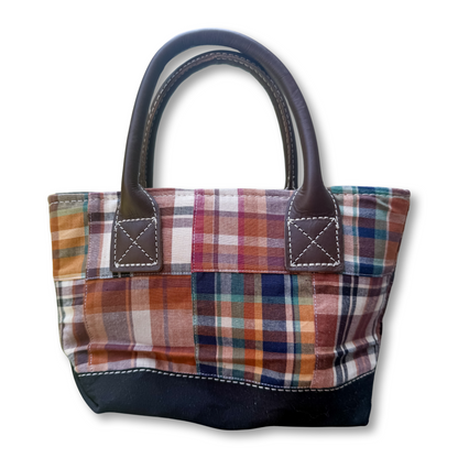 Vintage LL Bean Leather Handle Madras Mini Tote