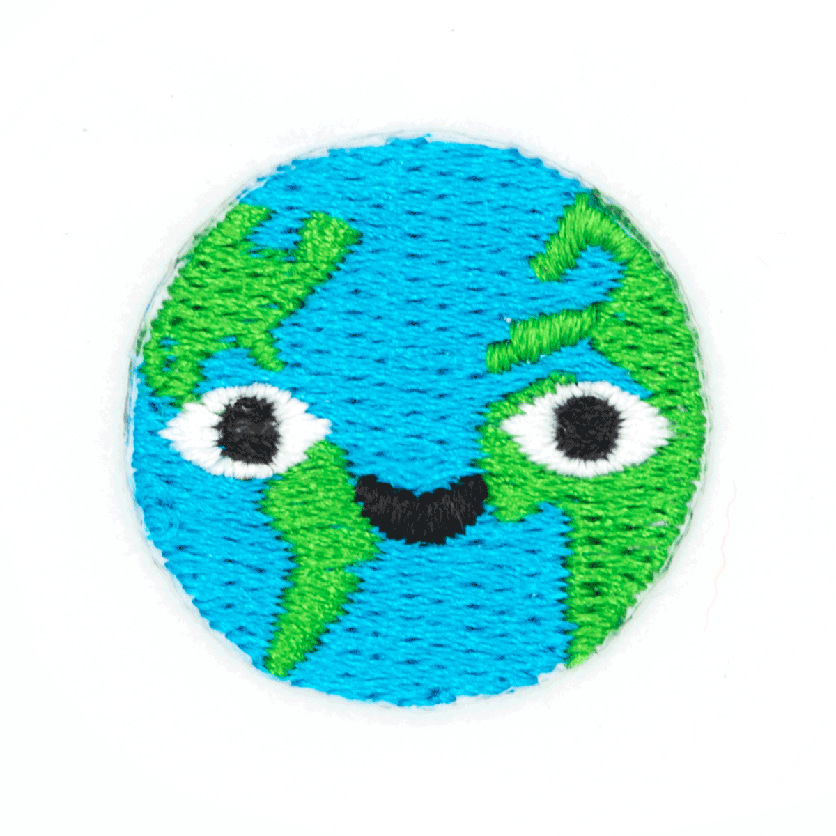 A circular embroidered patch of the Earth with a cute cartoon face, featuring blue oceans, green continents, and white eyes on a white background.