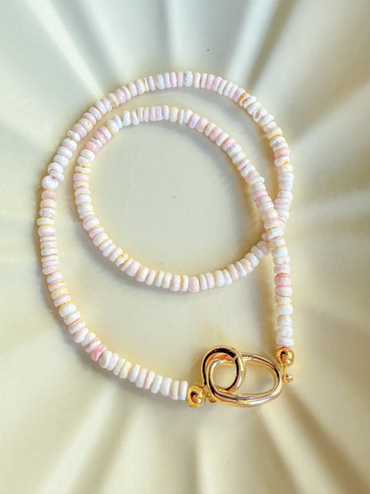 Pink Mother of Pearl Beaded Necklace- Gold Charm Holder Clasp