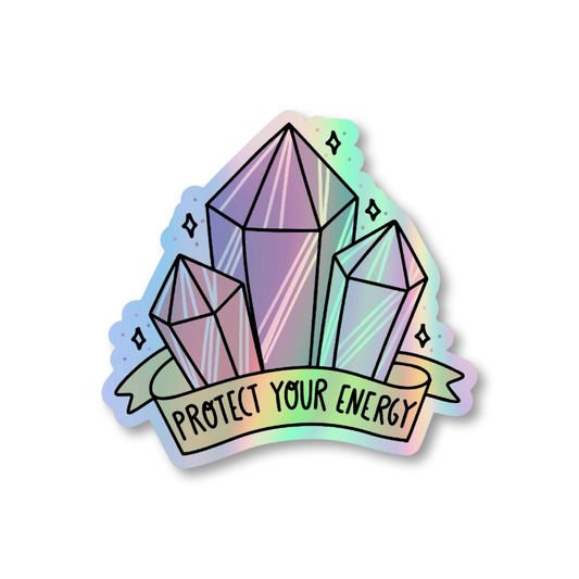 A die-cut sticker featuring three stylized pastel crystal towers with a banner reading “PROTECT YOUR ENERGY,” shown on a plain white background.